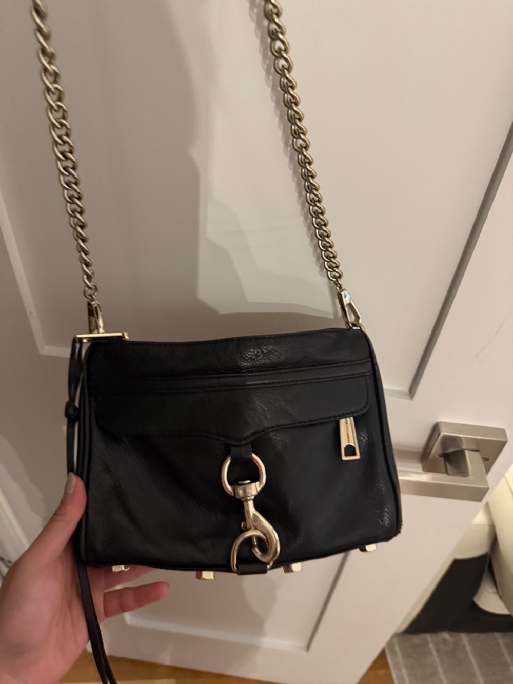 Rebecca Minkoff Black Leather Crossbody with Gold Chain